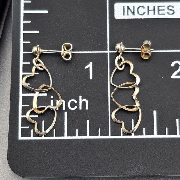 VTG Sterling Silver Dangling Triple Heart Earrings 1" Stud Back Interlocking - Picture 3 of 4